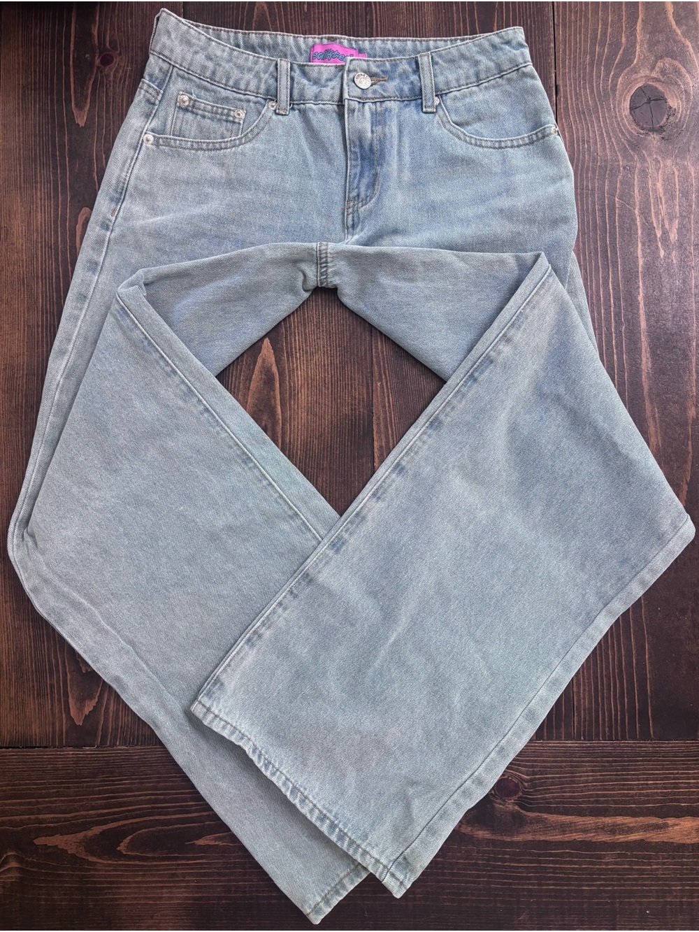 Edikted Pink Logo Light Blue Denim Jeans